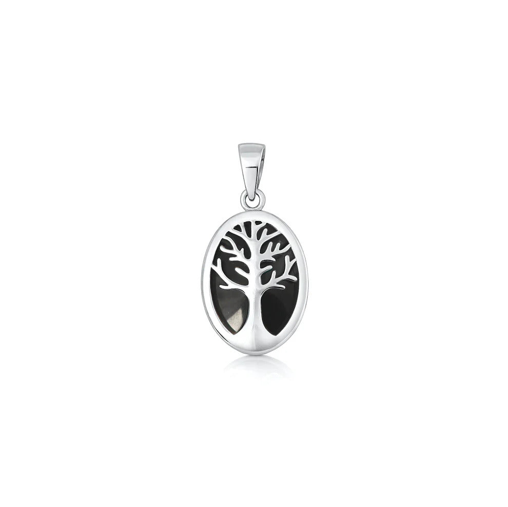 Sterling Silver Oxidized And Polished Black Onyx Stone Tree Of Life Pendant
