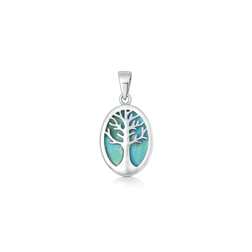 Sterling Silver Oxidized And Polished Genuine Turquoise Stone Tree Of Life Pendant