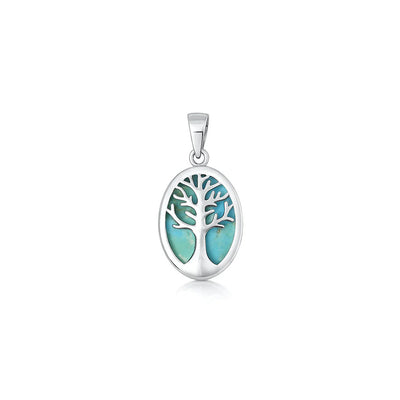 Sterling Silver Oxidized And Polished Genuine Turquoise Stone Tree Of Life Pendant