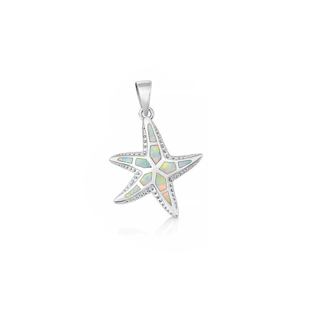 Sterling Silver Rhodium Plated White Lab Opal Starfish Pendant
