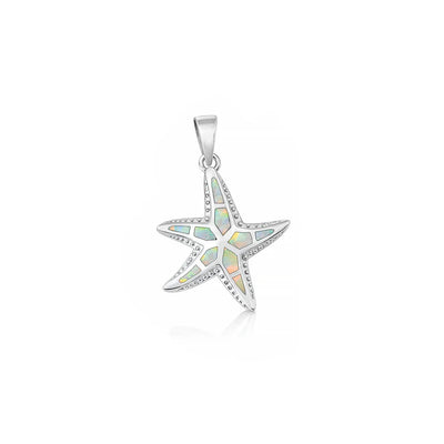 Sterling Silver Rhodium Plated White Lab Opal Starfish Pendant