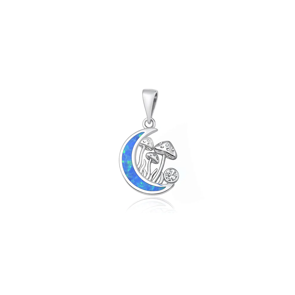 Sterling Silver Oxidized And Polished Moon And Mushrooms Blue Lab Opal Pendant