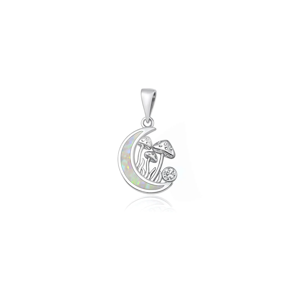 Sterling Silver Rhodium Plated Mushroom And Moon White Lab Opal Pendant