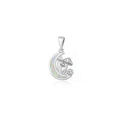 Sterling Silver Rhodium Plated Mushroom And Moon White Lab Opal Pendant