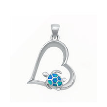 Load image into Gallery viewer, Sterling Silver Rhodium Plated Heart And Sea Turtle Blue Lab Opal Pendant