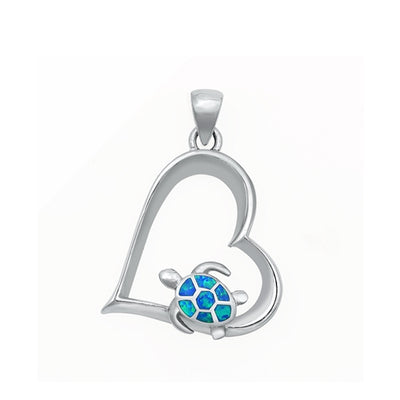 Sterling Silver Rhodium Plated Heart And Sea Turtle Blue Lab Opal Pendant