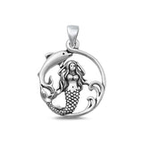 Sterling Silver Oxidized Mermaid and Dolphin Pendant