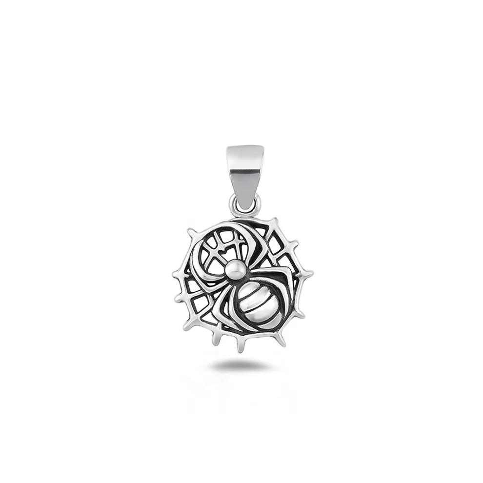 Sterling Silver Oxidized And Polished Spider And Web Pendant