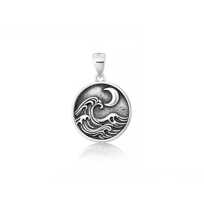 Sterling Silver Oxidized And Polished Round Ocean And Moon Pendant