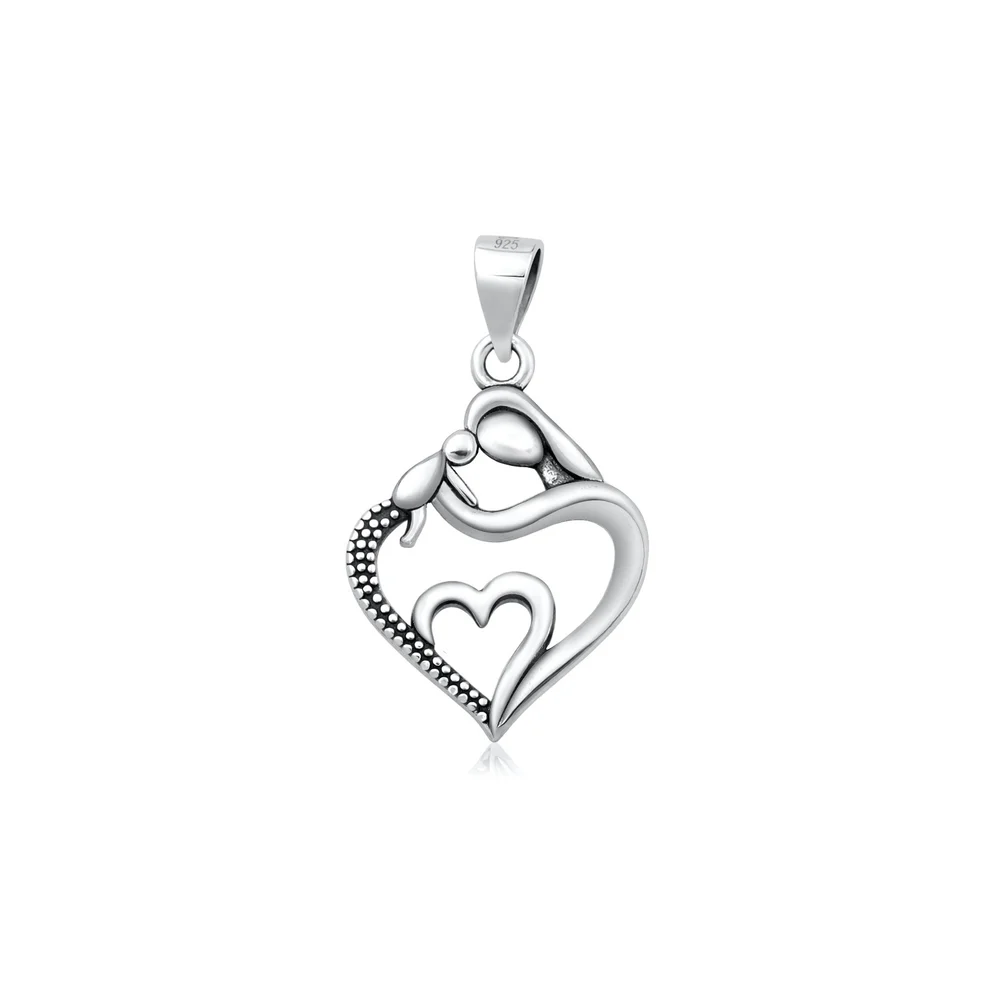 Sterling Silver Oxidized And Polished Mother Child Heart Pendant
