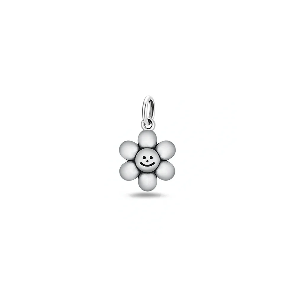 Sterling Silver Oxidized And High Polished Happy Face Flower Pendant