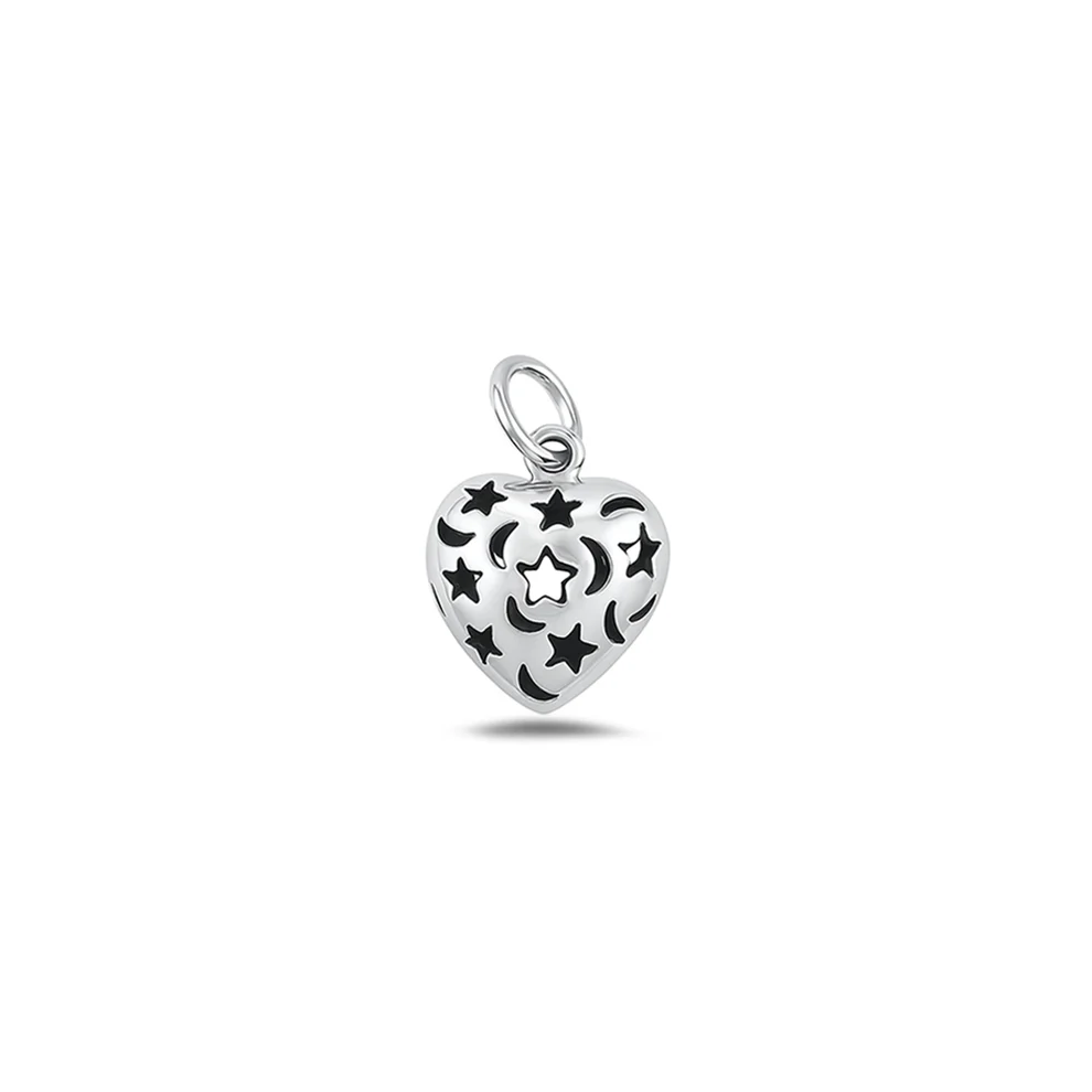 Sterling Silver Oxidized Heart Moon And Star Pendant