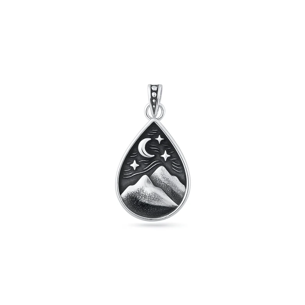 Sterling Silver Oxidized And Polished Mountains And Moon Pendant