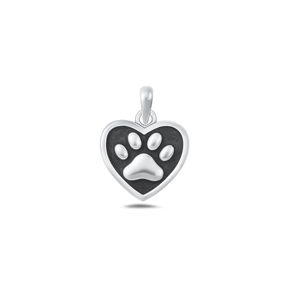 Sterling Silver Oxidized Paw Print Heart Pendant