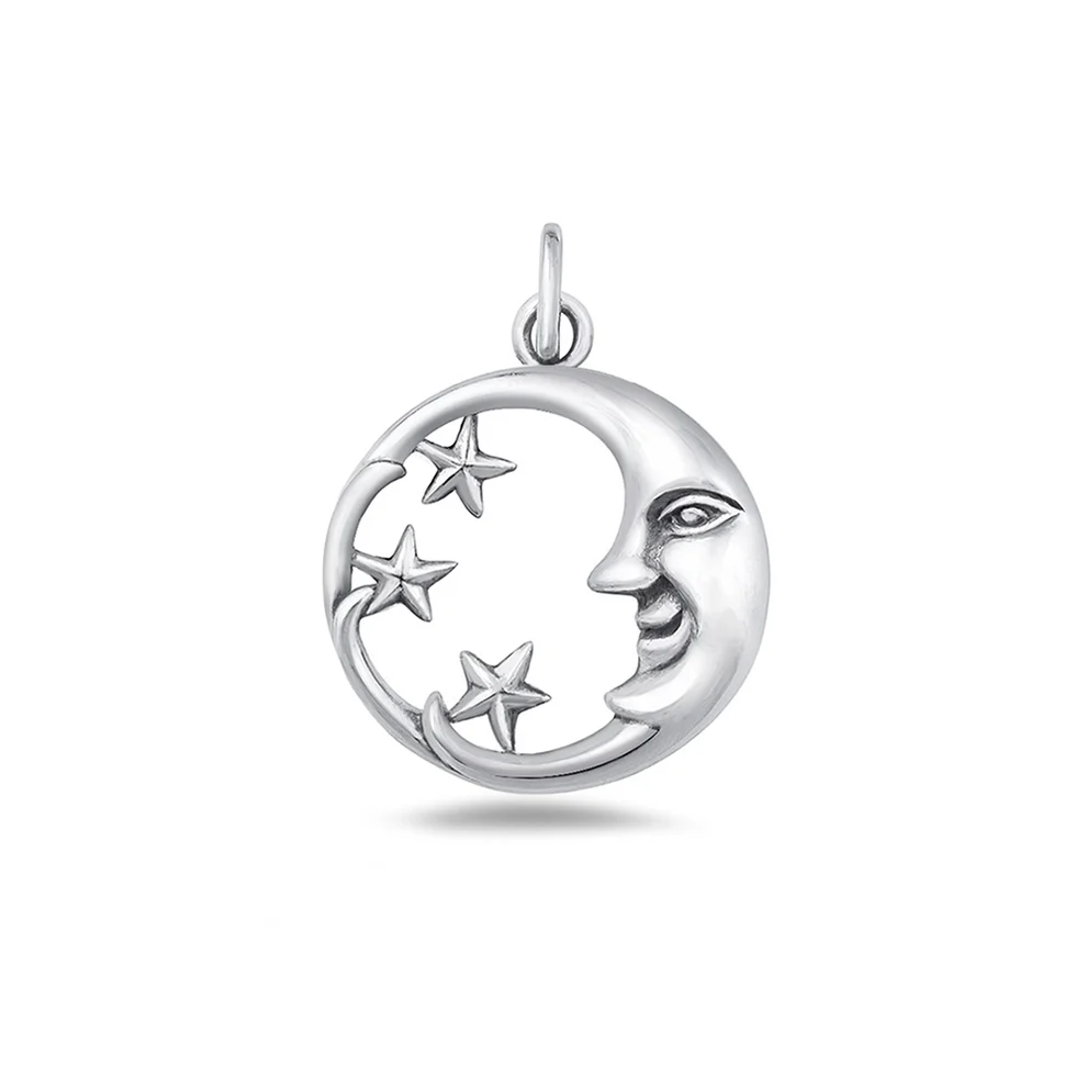 Sterling Silver Oxidized And Polished Moon And Stars Pendant