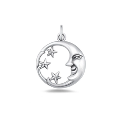 Sterling Silver Oxidized And Polished Moon And Stars Pendant