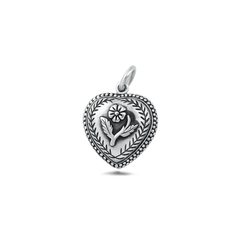 Sterling Silver Oxidized And Polished Heart And Flower Pendant