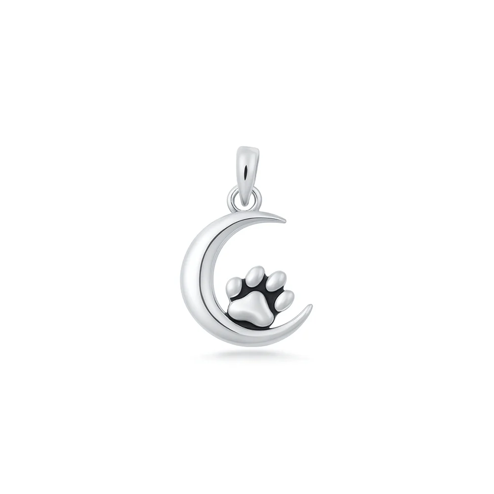 Sterling Silver Oxidized And Polished Paw Print And Moon Pendant