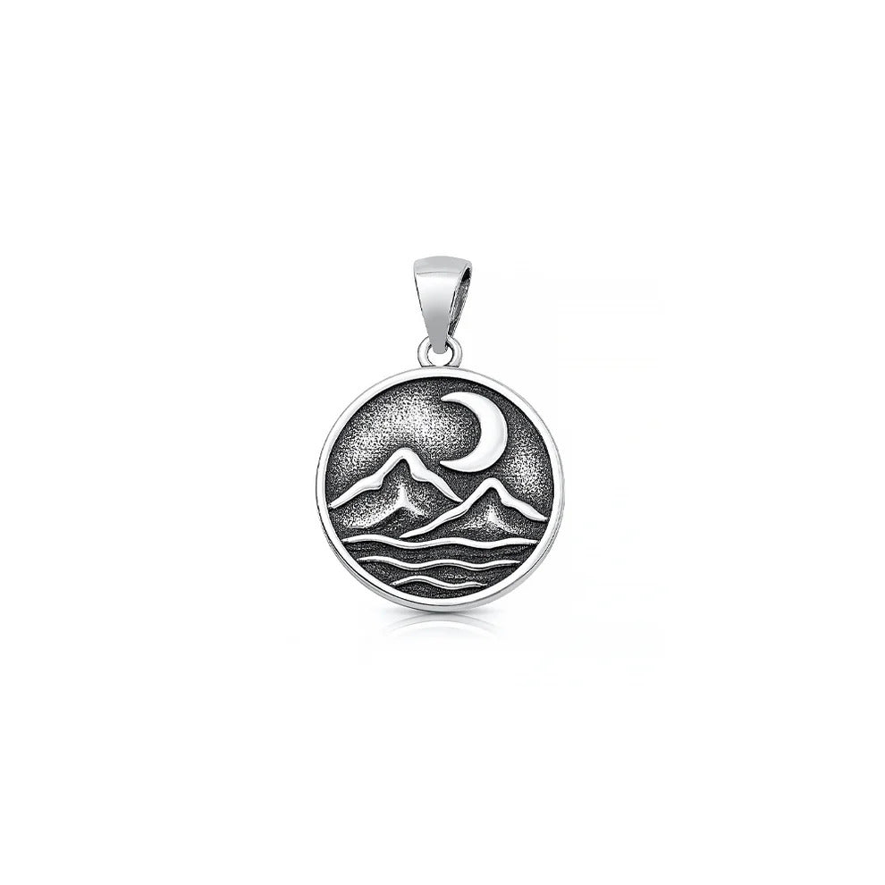 Sterling Silver Oxidized And High Polished Mountains And Moon Pendant