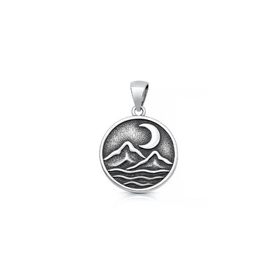 Sterling Silver Oxidized And High Polished Mountains And Moon Pendant