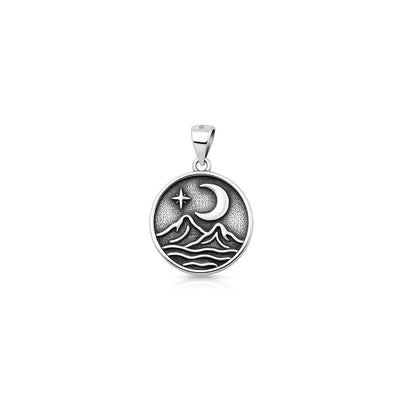 Sterling Silver Oxidized And High Polished Moon And Mountains Pendant
