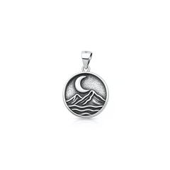 Sterling Silver Oxidized And Polished Moon And Mountains Pendant