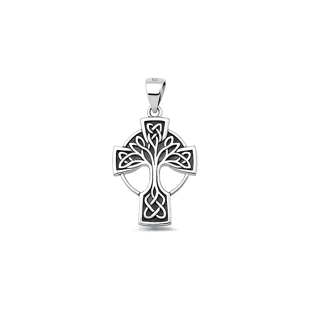 Sterling Silver Oxidized And Polished Celtic Tree Cross Pendant