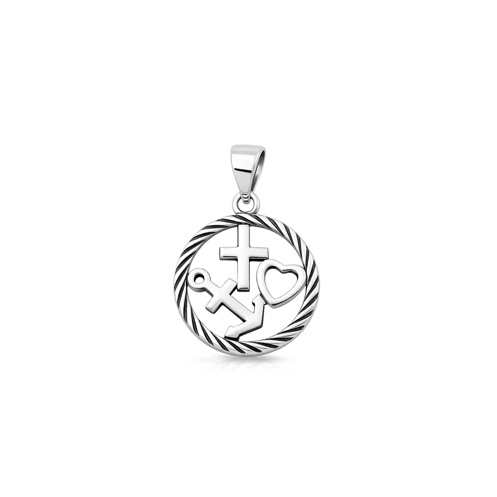 Sterling Silver Oxidized And Polished Cross Anchor Heart Pendant