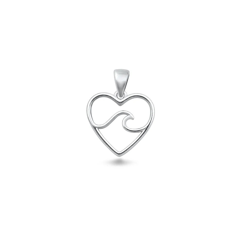 Sterling Silver Rhodium Plated Heart And Wave Pendant