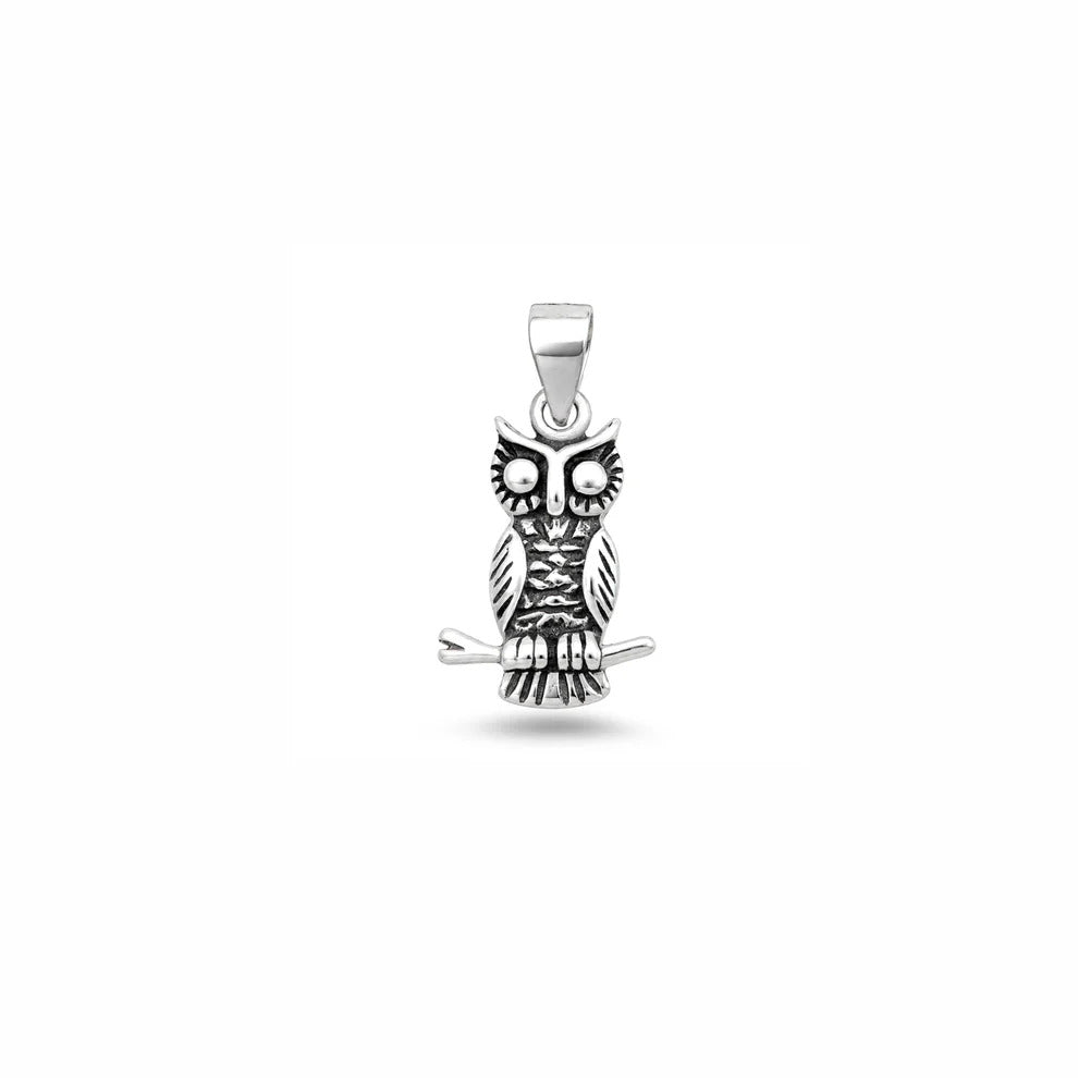 Sterling Silver Oxidized And High Polished Owl Pendant