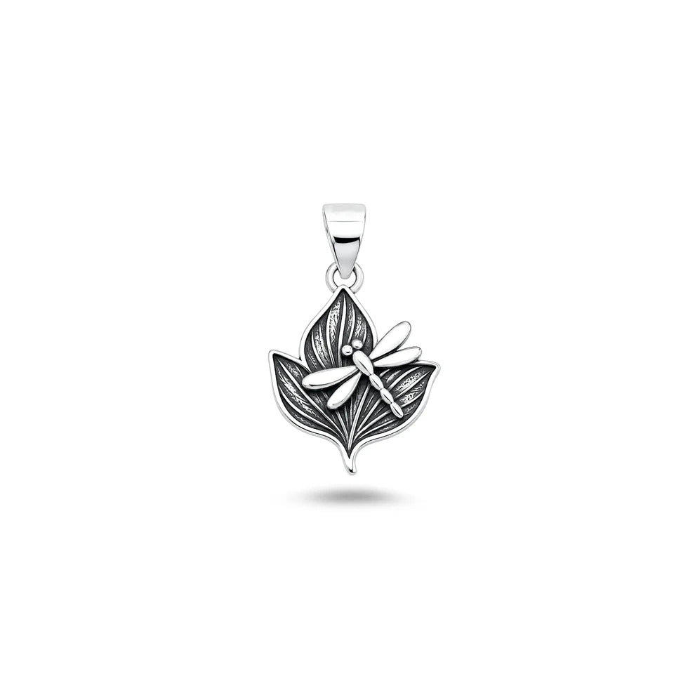 Sterling Silver Oxidized And High Polished Dragonfly Leaf Pendant
