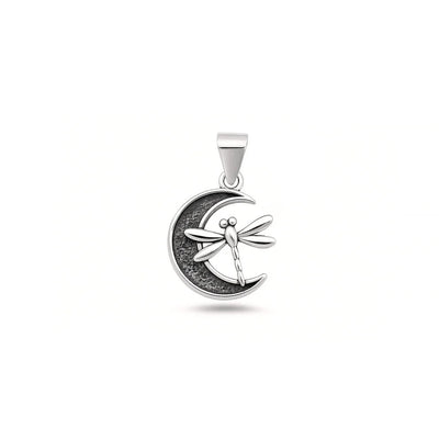 Sterling Silver Oxidized And High Polished Dragonfly Moon Pendant