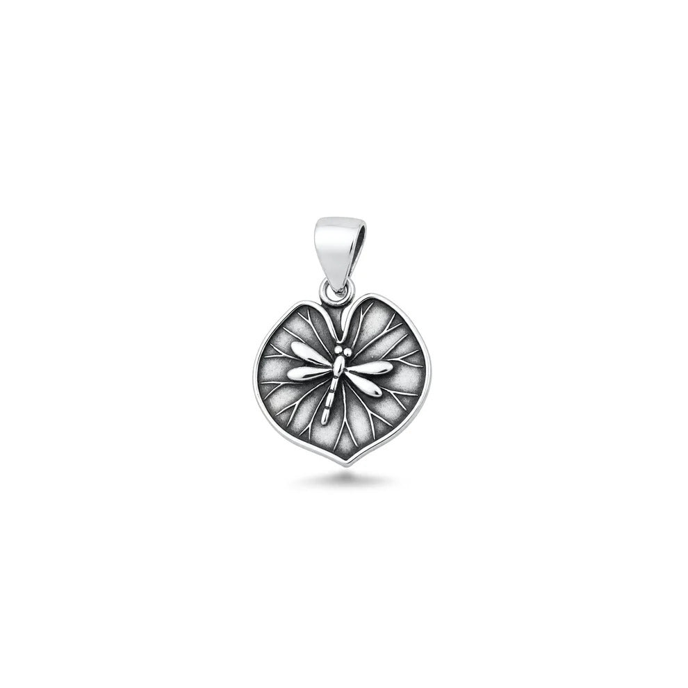 Sterling Silver Oxidized And High Polished Dragonfly And Leaf Pendant
