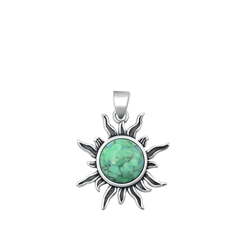 Sterling Silver Oxidized Sun Genuine Turquoise Stone Pendant