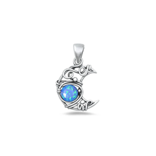 Load image into Gallery viewer, Sterling Silver Oxidized And Polished Blue Lab Opal Artisan Crescent Moon Stone Pendant