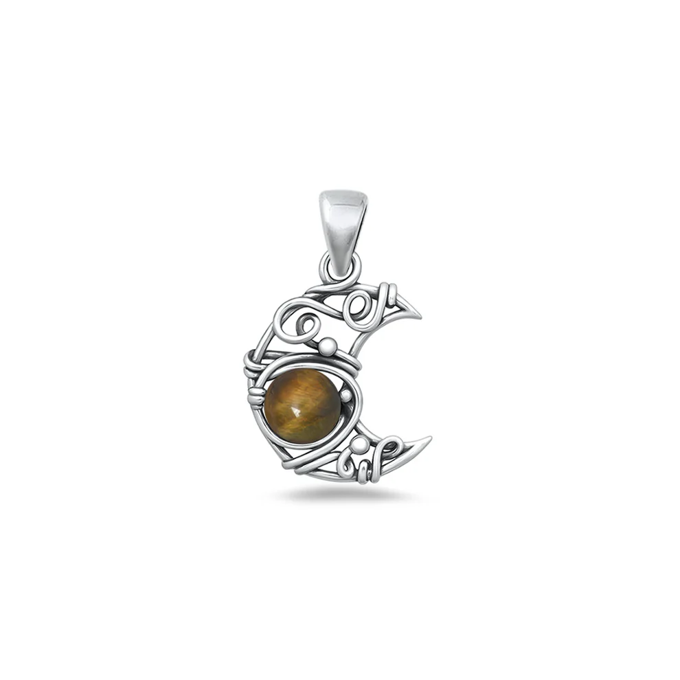 Sterling Silver Oxidized And Polished Tiger Eye Artisan Crescent Moon Stone Pendant