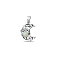 Load image into Gallery viewer, Sterling Silver Oxidized And Polished White Lab Opal Artisan Crescent Moon Stone Pendant