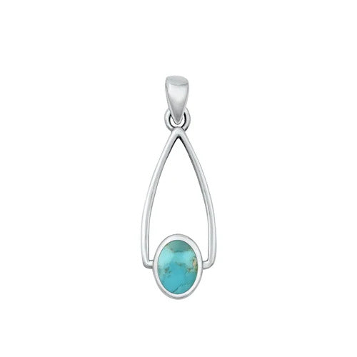 Sterling Silver Oxidized Hanging Oval Genuine Turquoise Stone Pendant