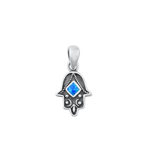 Sterling Silver Oxidized And Polished Blue Lab Opal Hamsa Pendant