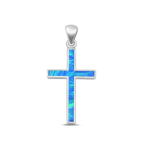Sterling Silver Polished Cross Blue Lab Opal Pendant