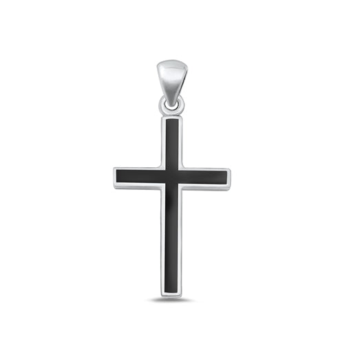 Sterling Silver Polished Cross Black Onyx Stone Pendant