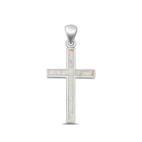 Sterling Silver Polished Cross White Lab Opal Pendant