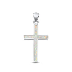 Sterling Silver Polished Cross White Lab Opal Pendant