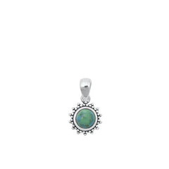 Sterling Silver Oxidized Genuine Turquoise Stone Round Bali Style Pendant