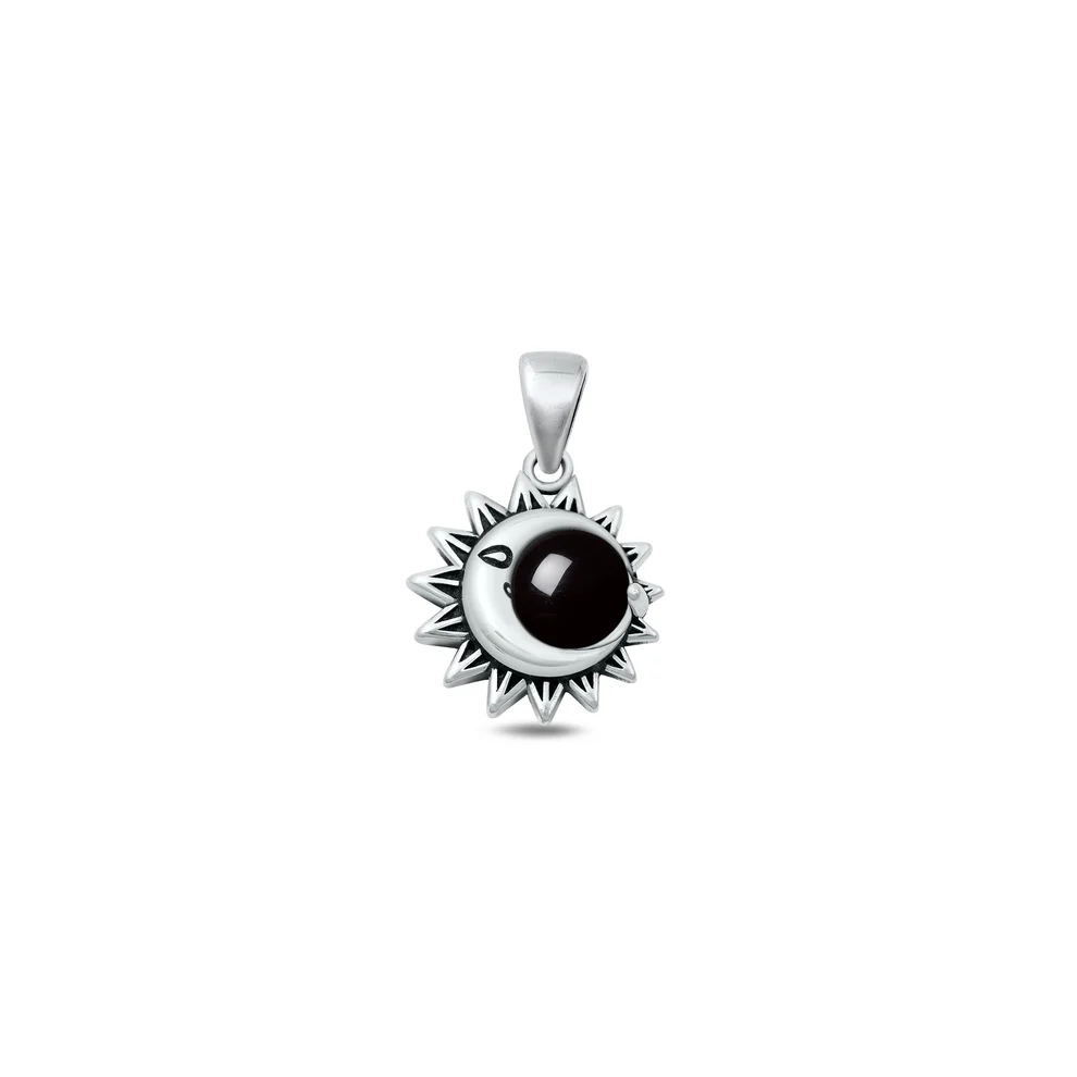 Sterling Silver Oxidized Moon And Sun Black Agate Stone Pendant