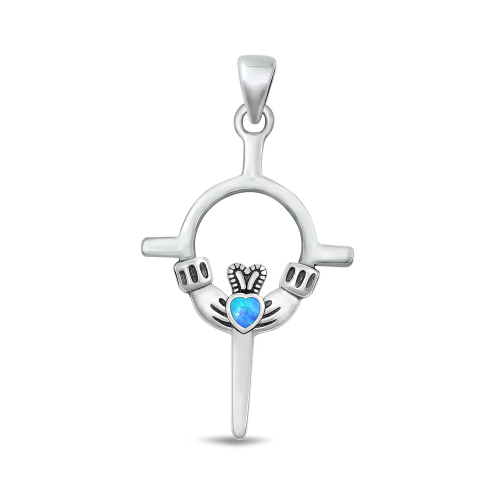 Sterling Silver Oxidized Claddagh Blue Lab Opal Pendant