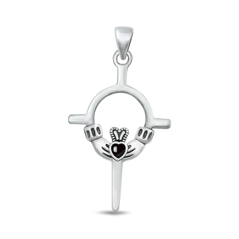 Sterling Silver Oxidized Claddagh Black Agate Stone Pendant