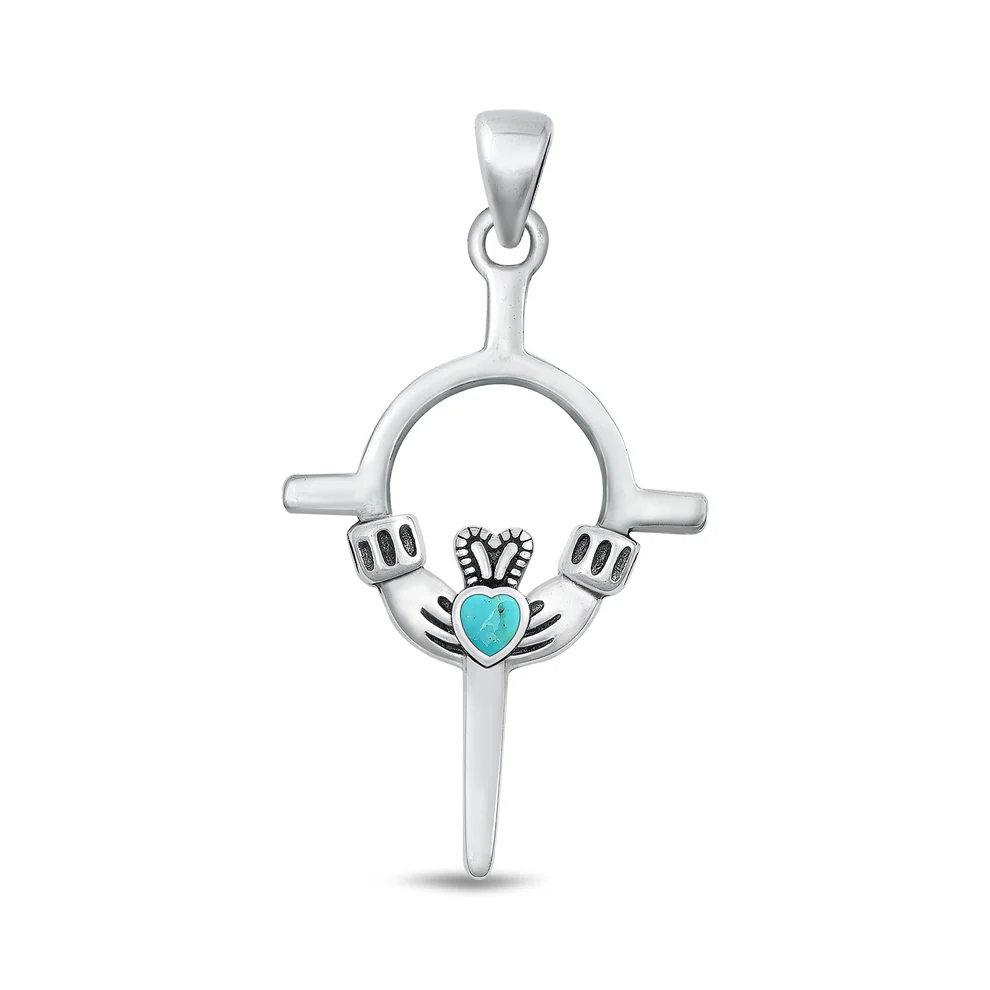 Sterling Silver Oxidized Genuine Turquoise Stone Claddagh Pendant