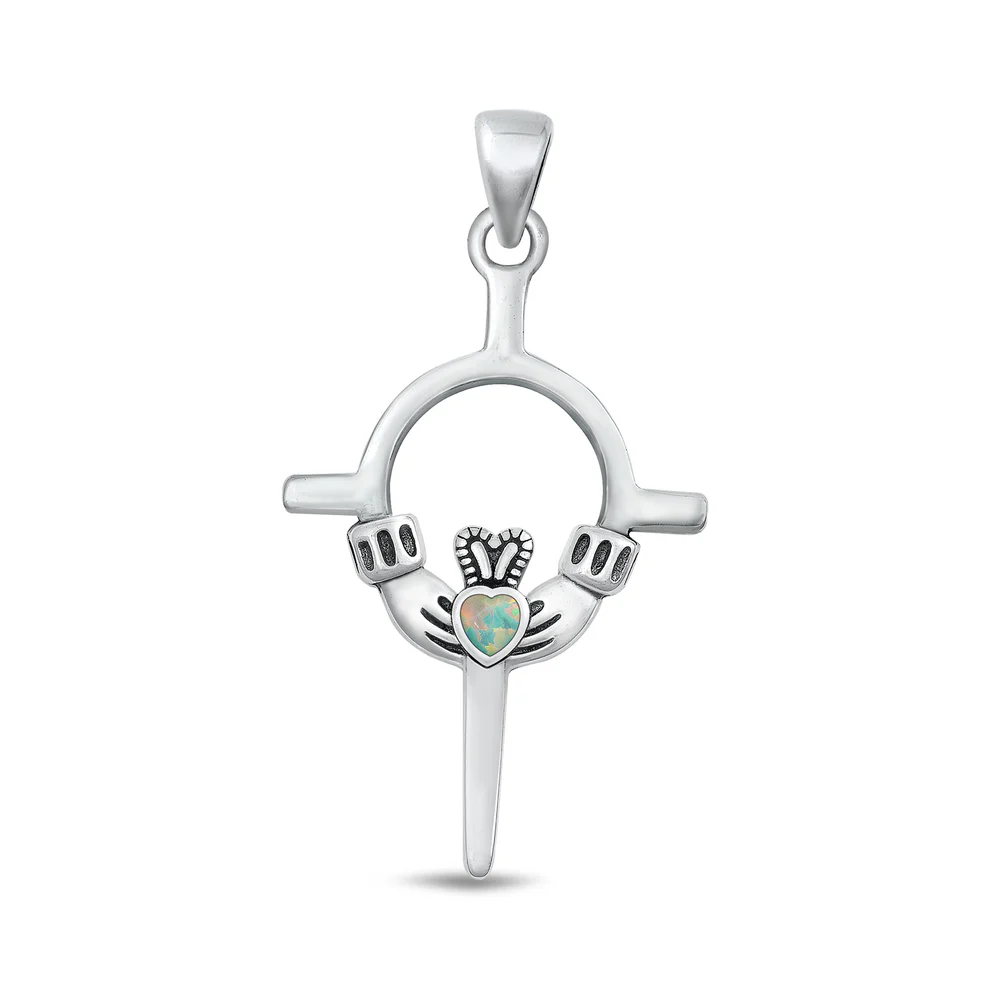 Sterling Silver Oxidized Claddagh White Lab Opal Pendant