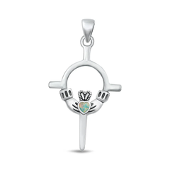 Sterling Silver Oxidized Claddagh White Lab Opal Pendant